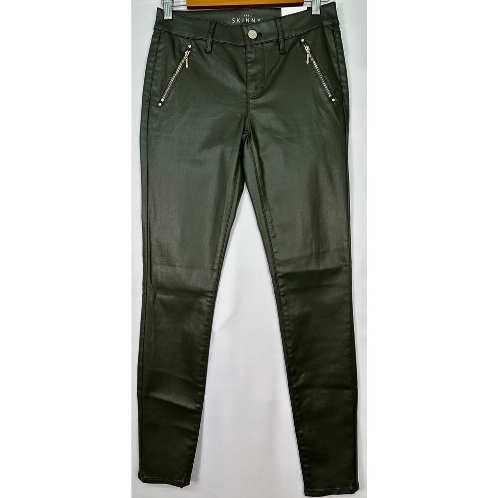 NWT White House Black Market Mid Rise Coated Moto Skinny Jeans Green Size 0R - Picture 2 of 12